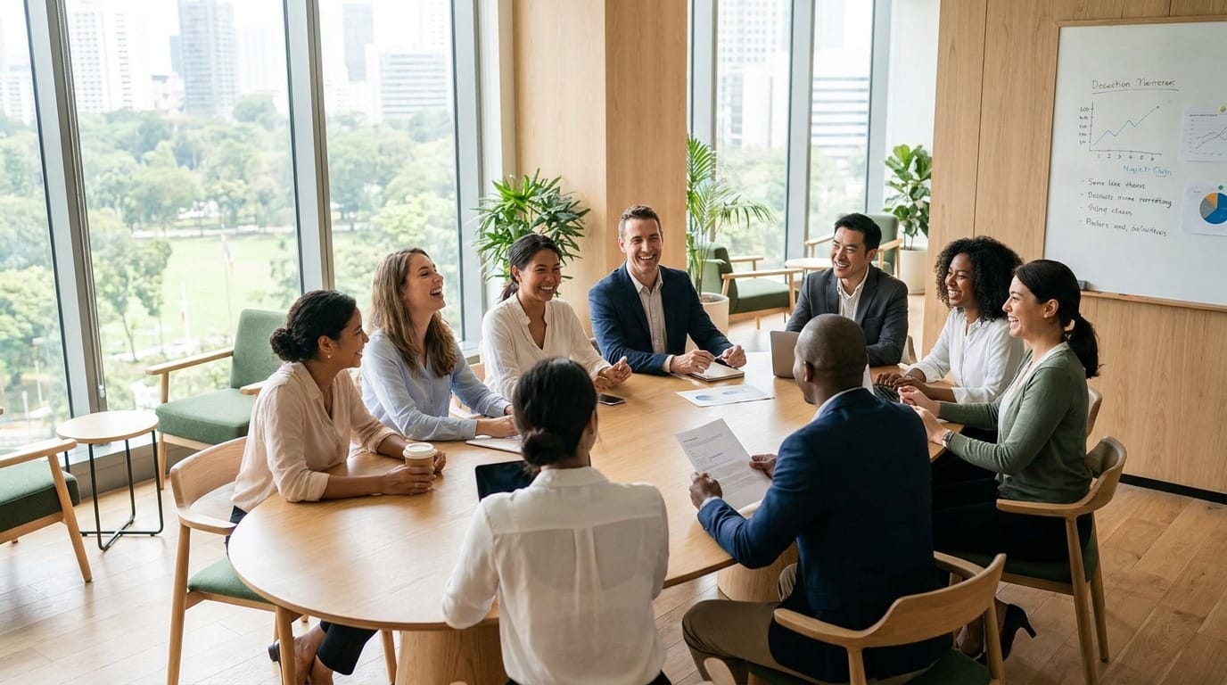 A chamber of commerce group meeting to discuss member benefits